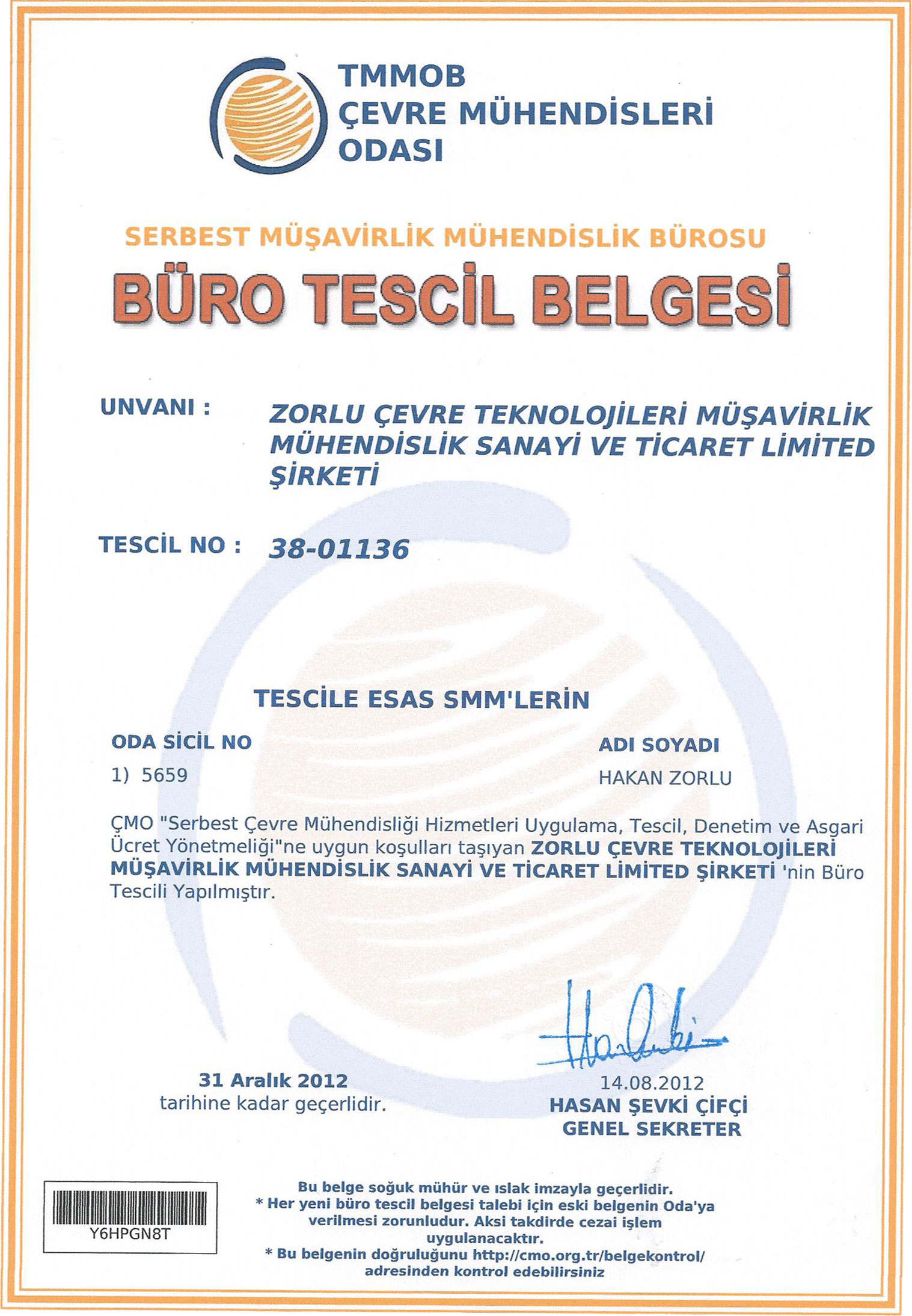 Çevre Danışmanlık Yeterlik Belgesi